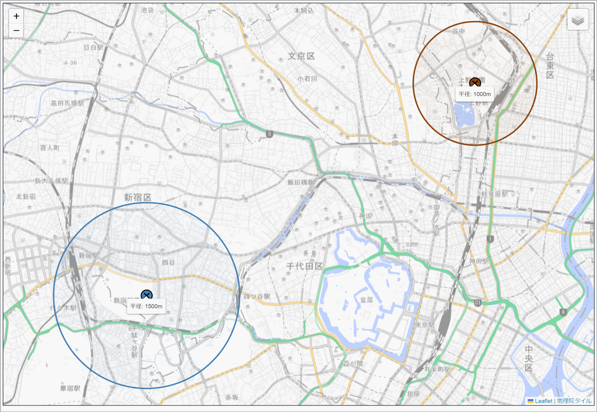 指定した半径の円を追加した地図