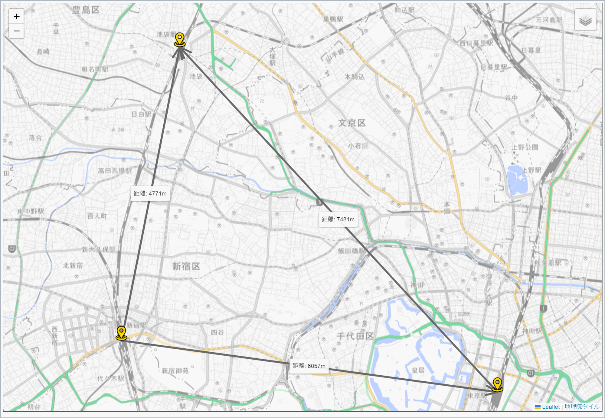 任意の2点間の距離を計測している地図