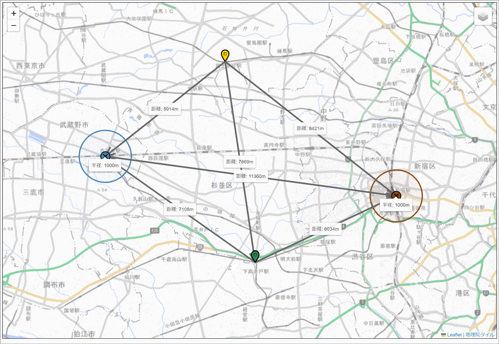 アイコンや円同士の距離を計測している地図
